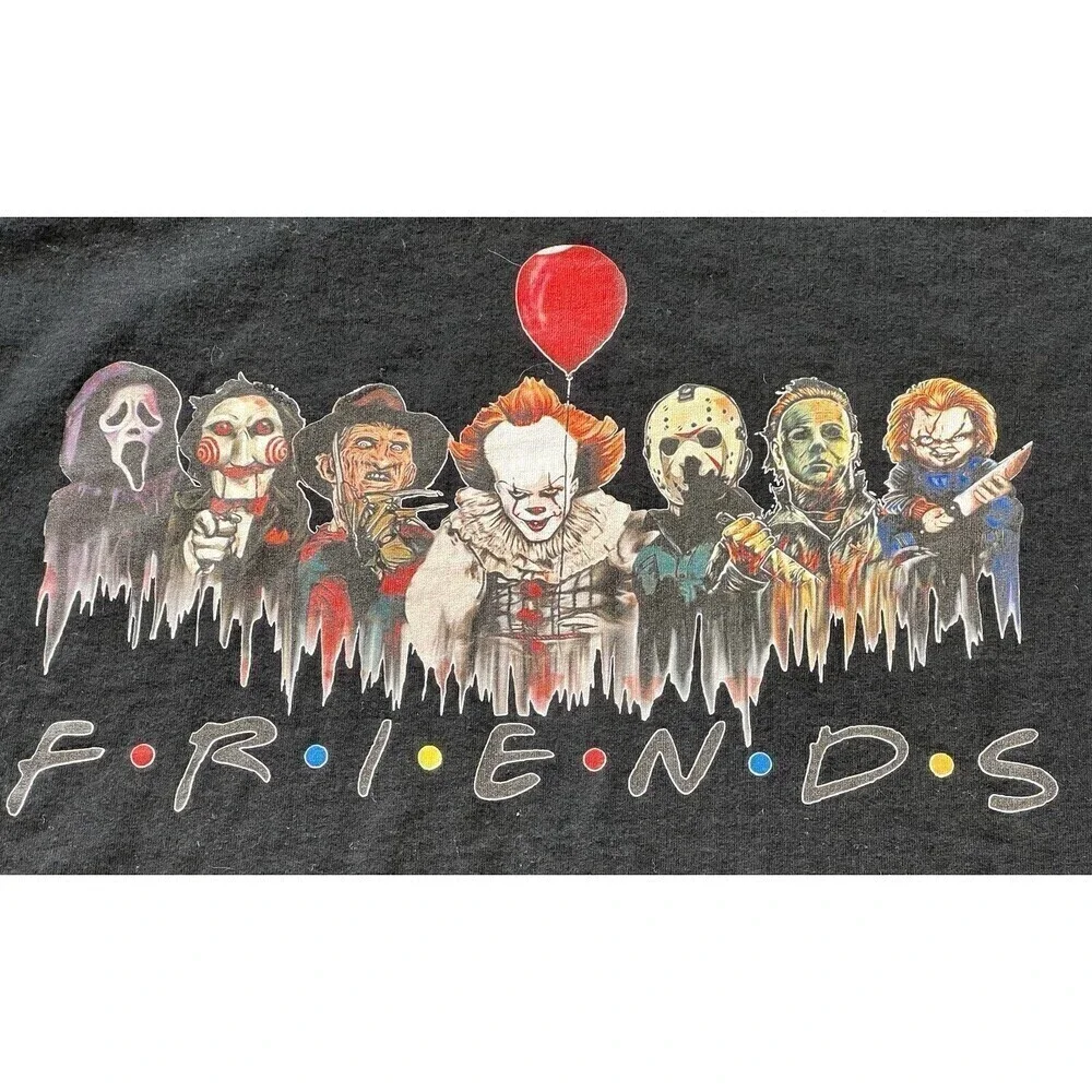 Halloween T-Shirt Scary Movie Characters Friends Black XL IT Chucky Freddy